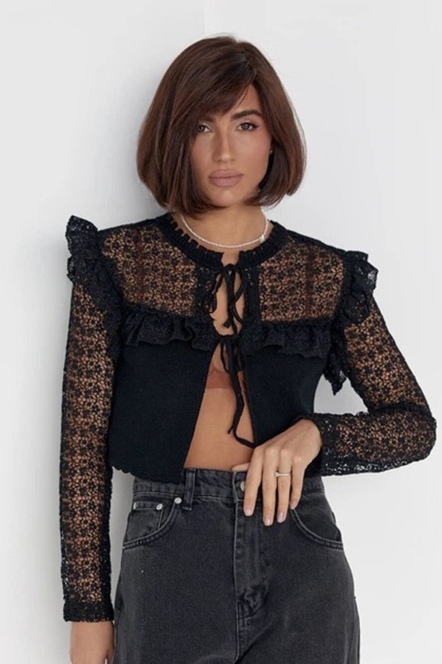 Zara Black Lace Tie Front Ruffle Cropped Combination Cardigan S